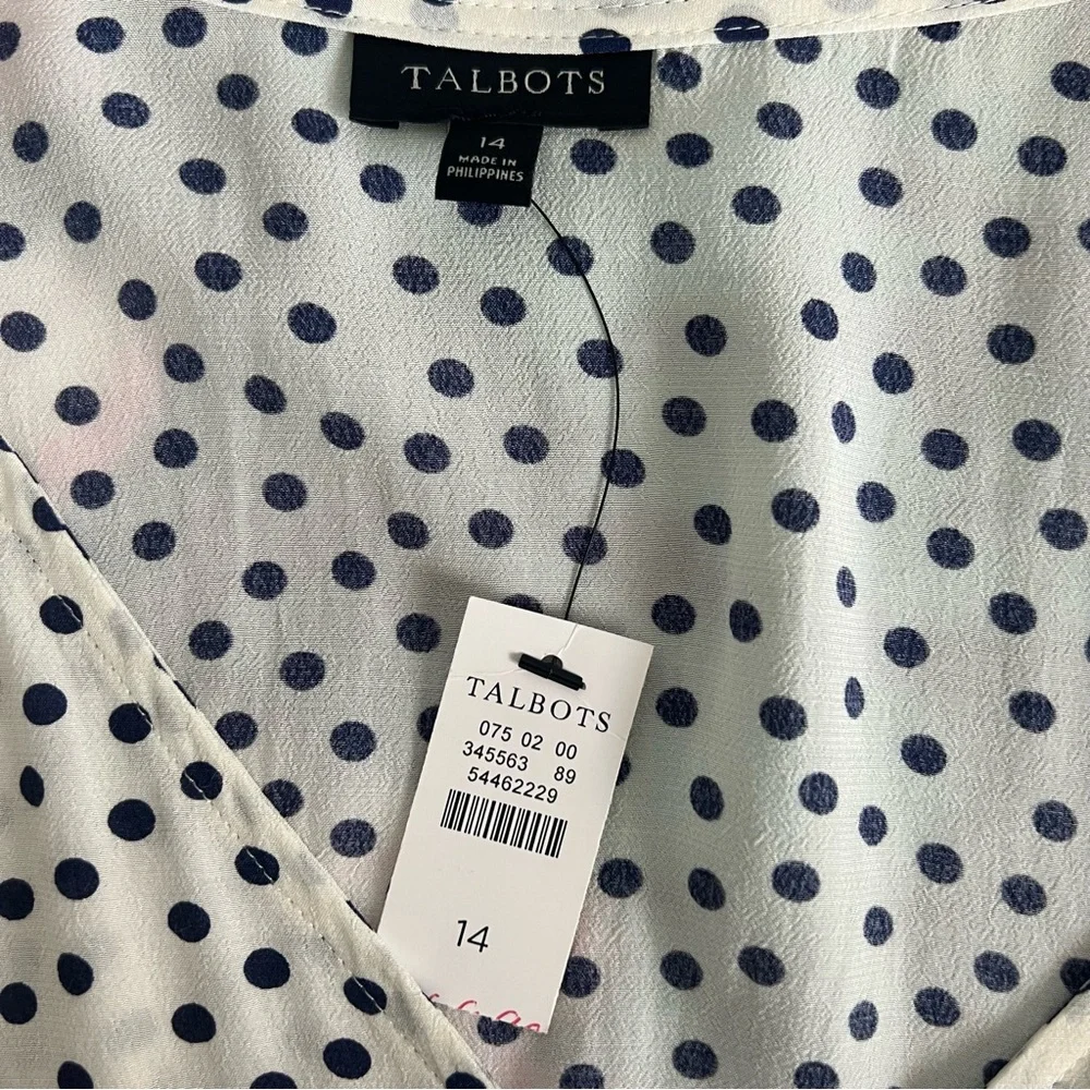 Talbots 14 Cream w/ Navy Scattered Dots Button Up Blouse Top Shirt